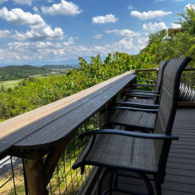 Air Fort One back deck overlooking the golf course with the Smoky Mountains in the background