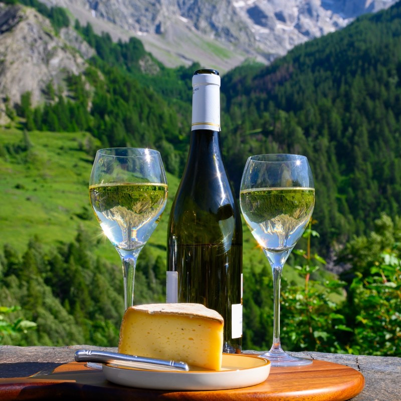 glasses of dry white Roussette de Savoie and Vin de Savoie