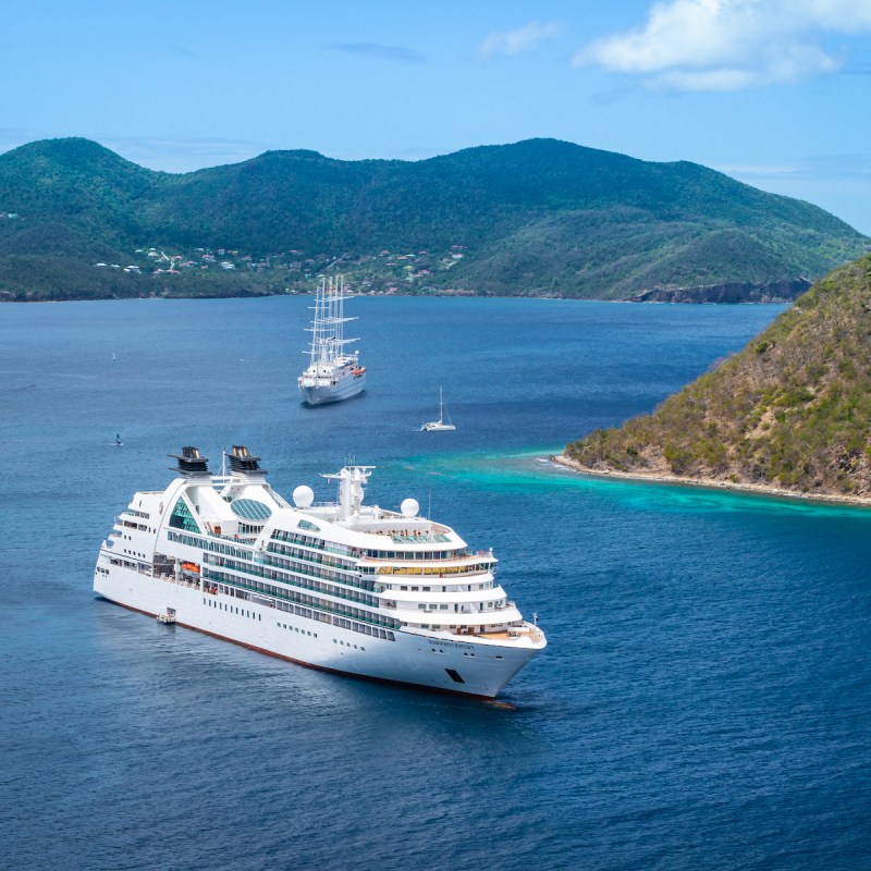 Cruise ship anchored in the harbor of Terre-de-Haut Island, Guadeloupe