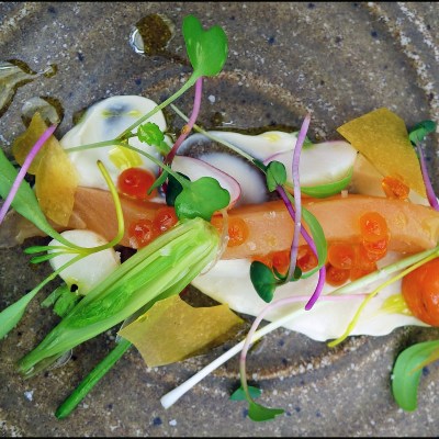 L'Enclume trout dish from Chef Simon Rogan in Cartmel, England