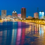 Nighttime skyline view of Rochester, New York