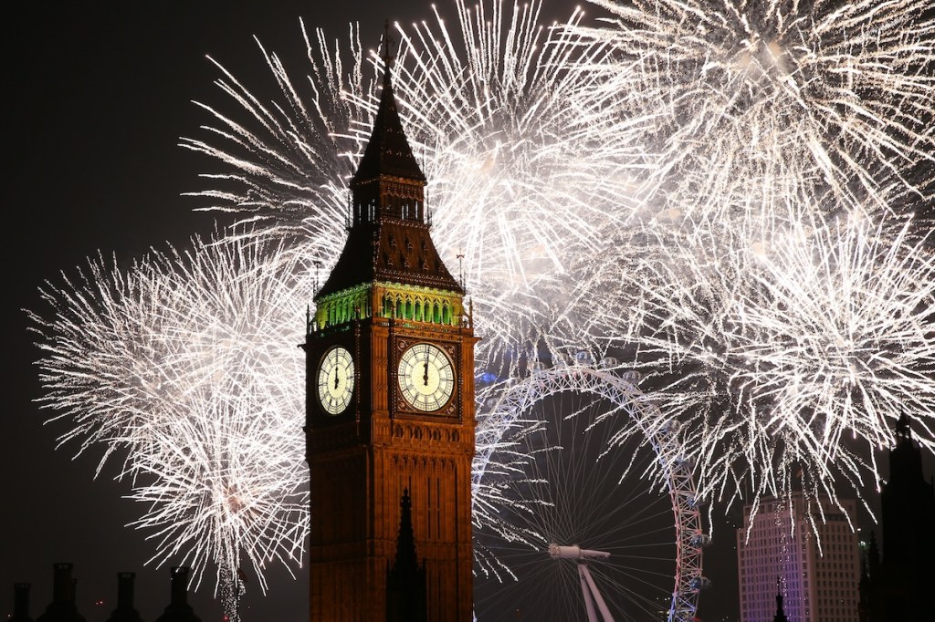 New Year's fireworks lit up behind Big Ben in London