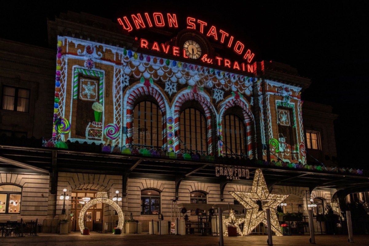 Union Station’s facade is a canvas for entertaining light displays in downtown Denver.