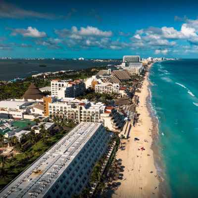 Aerial view of resorts in Cancun