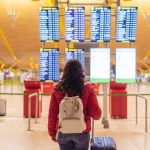Woman looks at flight board as she uses travel tips for first-time travelers.